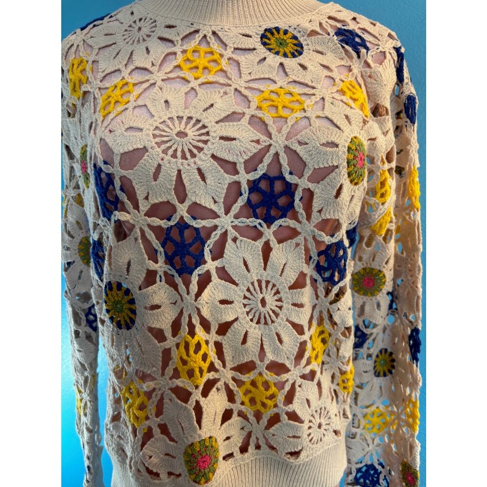 Desigual Floral Crochet Pullover Top Open Boho Cotton Blend Keyhole Back XS - Picture 3 of 10